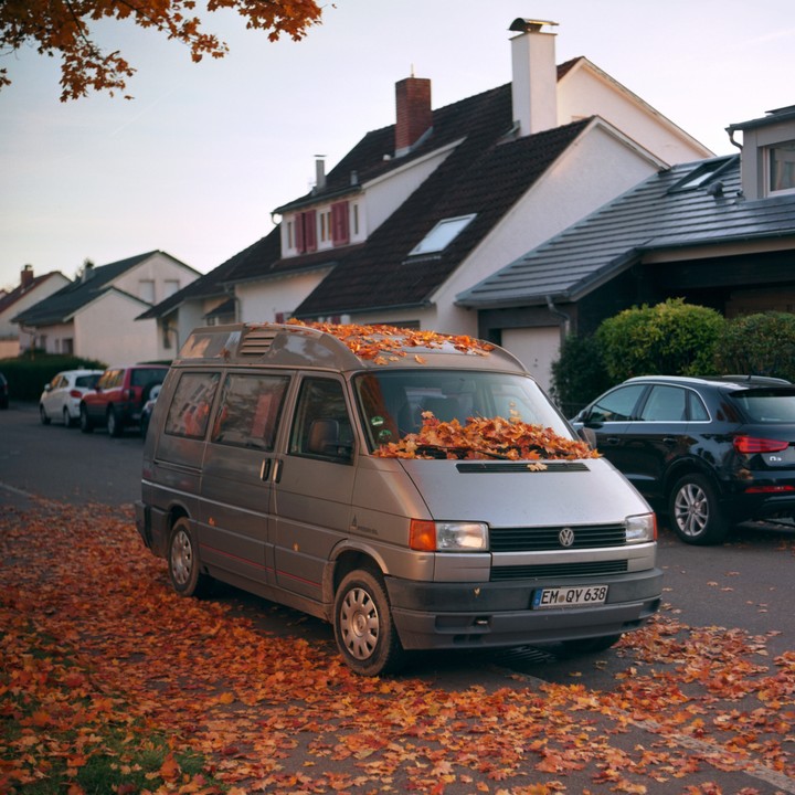A silver van is parked on a street covered in autumn leaves, with houses in the background.
