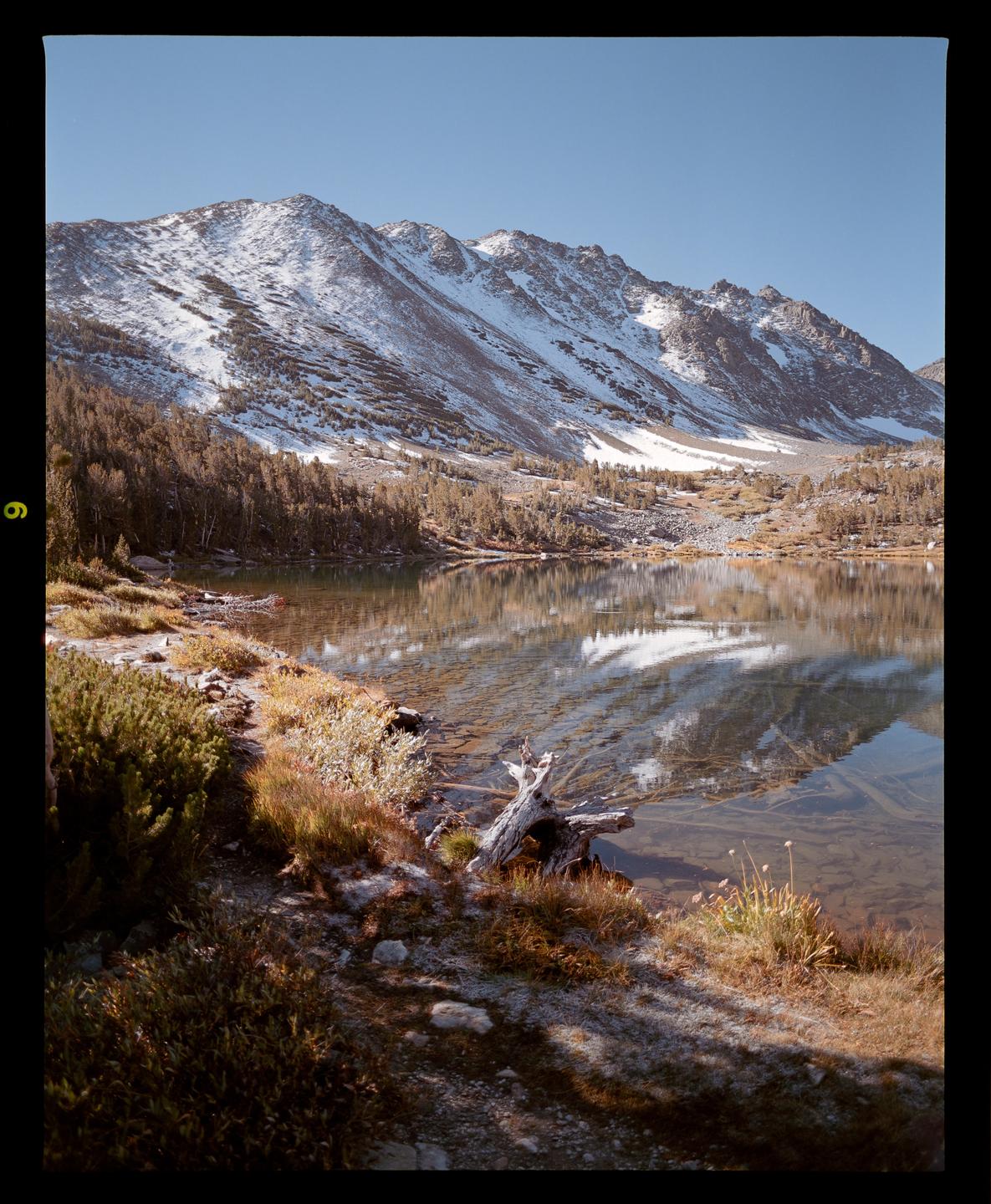 A snow-capped mountain range reflects in a clear lake surrounded by forest and dry grass.