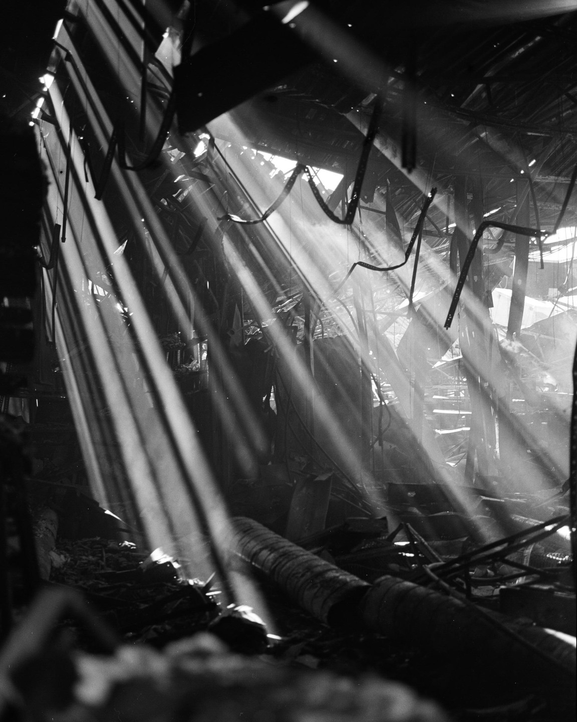 Sunlight streams through a damaged building, illuminating dust and debris.