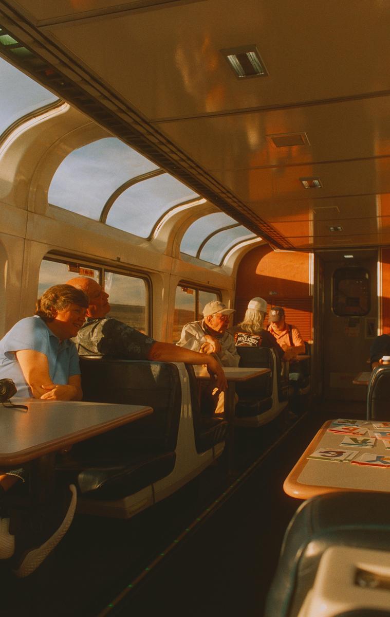 People sit at tables inside a train car with large windows on the ceiling and sides.