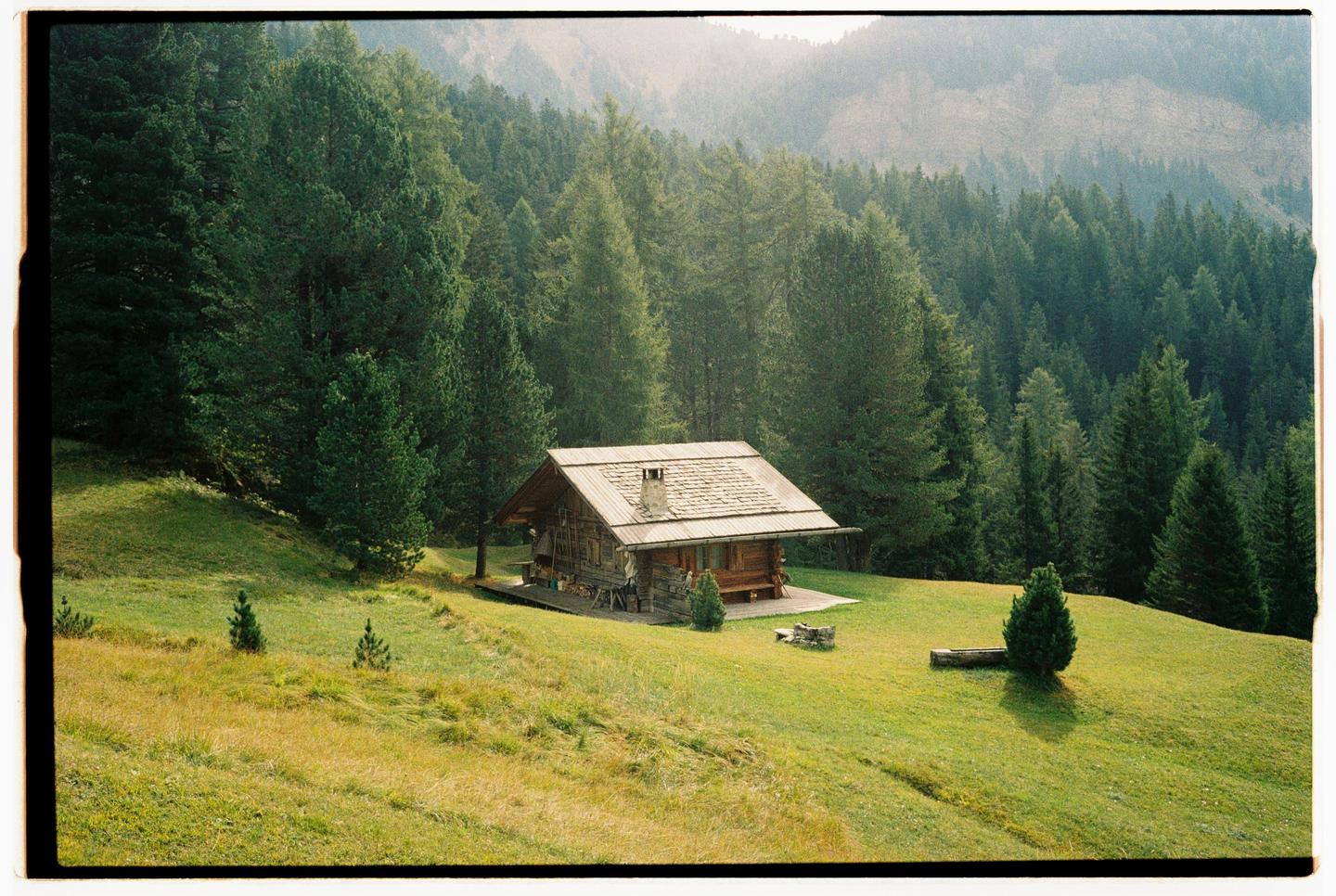 A wooden cabin with a shingled roof sits on a grassy hillside surrounded by a dense forest.