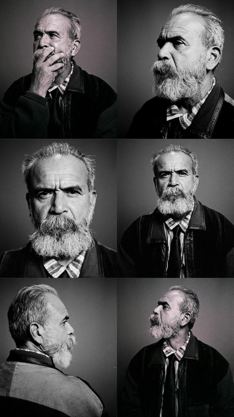 Six black and white portraits of a man with a beard are arranged in a grid.
