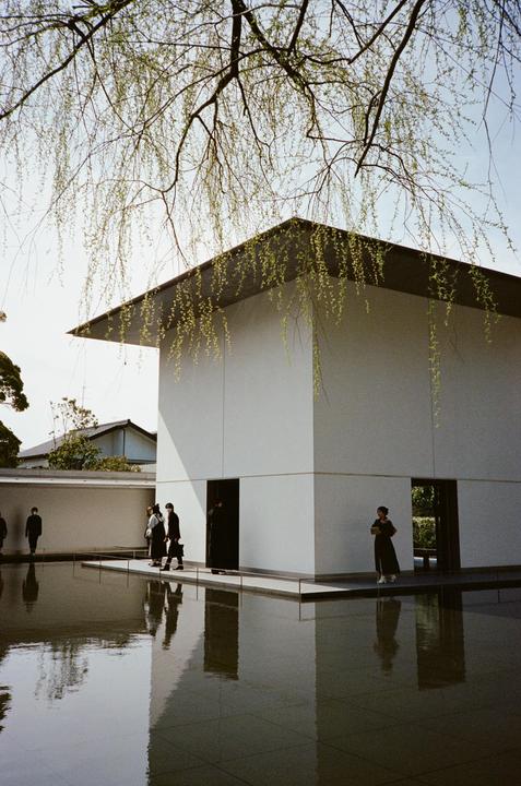 People walk around a modern white building with a large reflecting pool and a weeping willow tree in the foreground.
