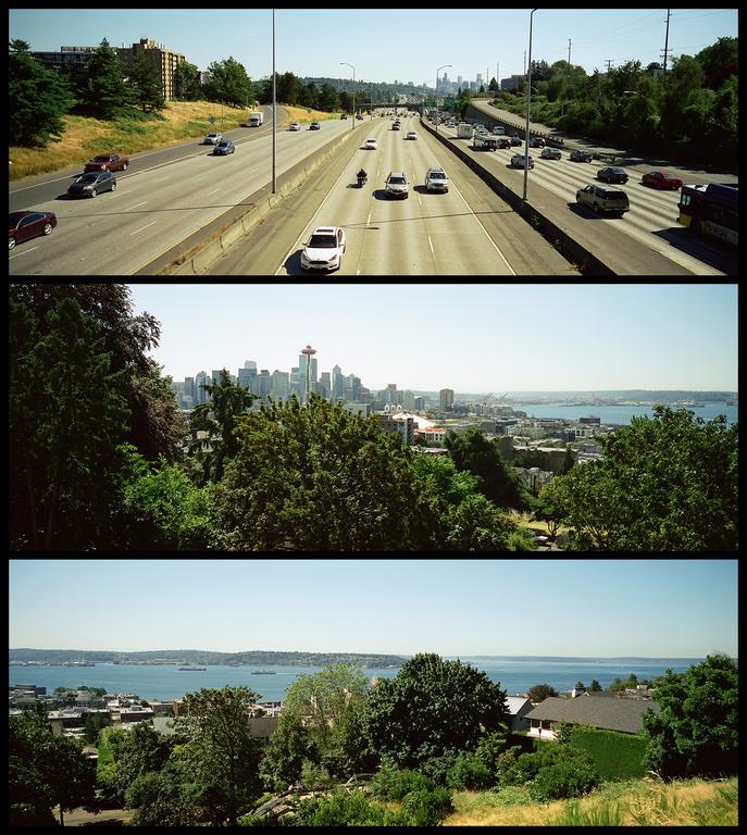 Three horizontal panels show a highway with cars, a city skyline with a prominent tower, and a body of water with distant land.