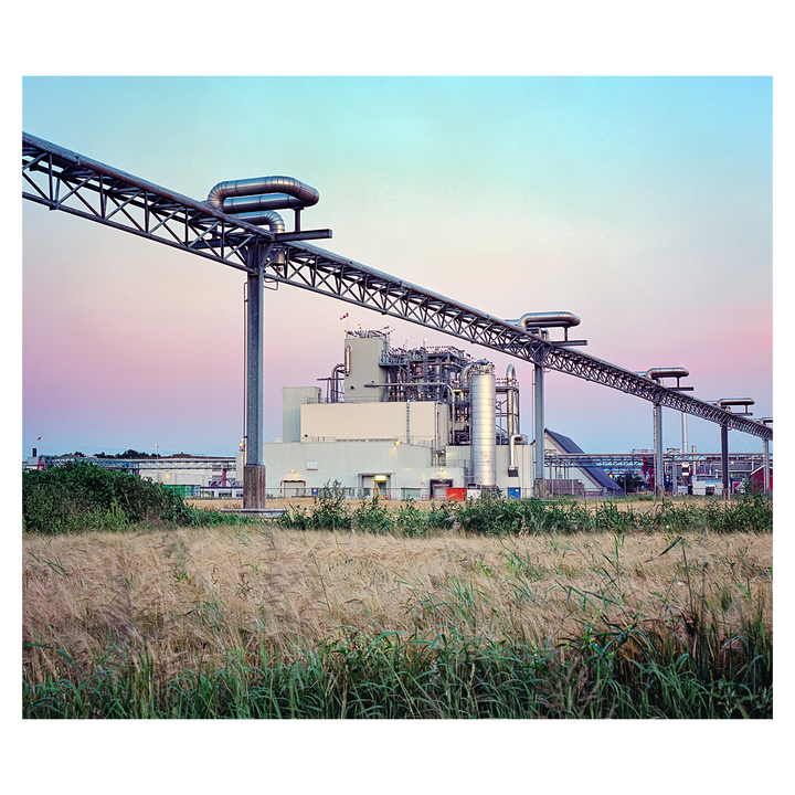 A factory with large pipes and silos stands behind a field of tall grass under a colorful sunset sky.