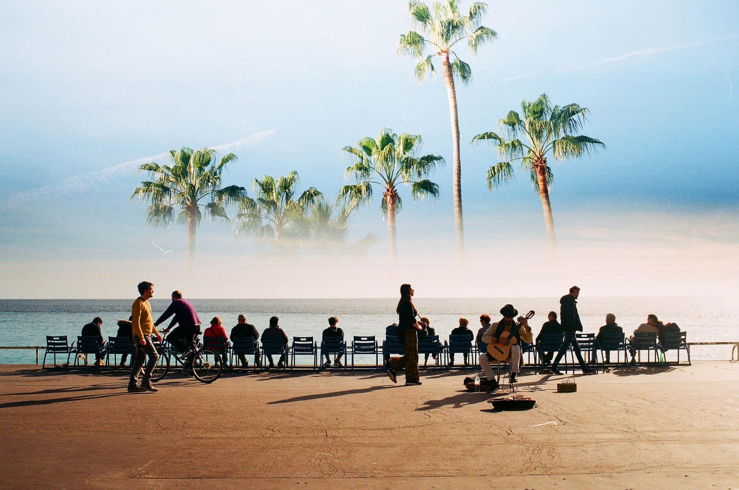 A double exposure shows palm trees floating above a group of people sitting and standing by the sea.