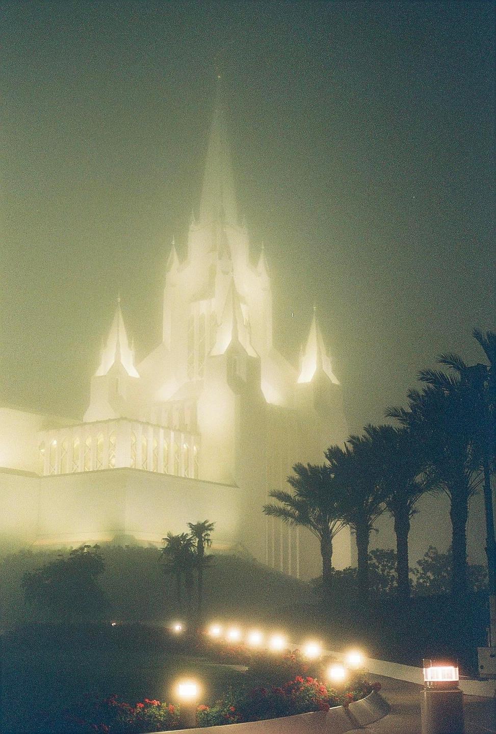 A large, illuminated temple with multiple spires is shrouded in fog at night, with palm trees and glowing path lights in the foreground.