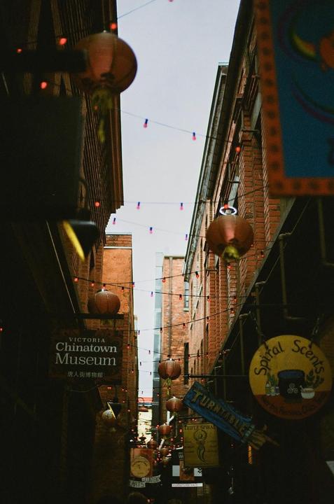 A narrow alleyway is adorned with string lights and lanterns, with brick buildings on either side and various signs hanging from them.