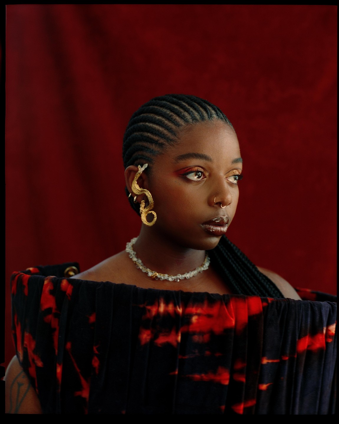 A woman with braided hair and a snake earring looks to the side against a red background.