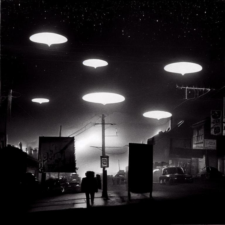A person walks down a street at night under several bright, oval lights in the sky.