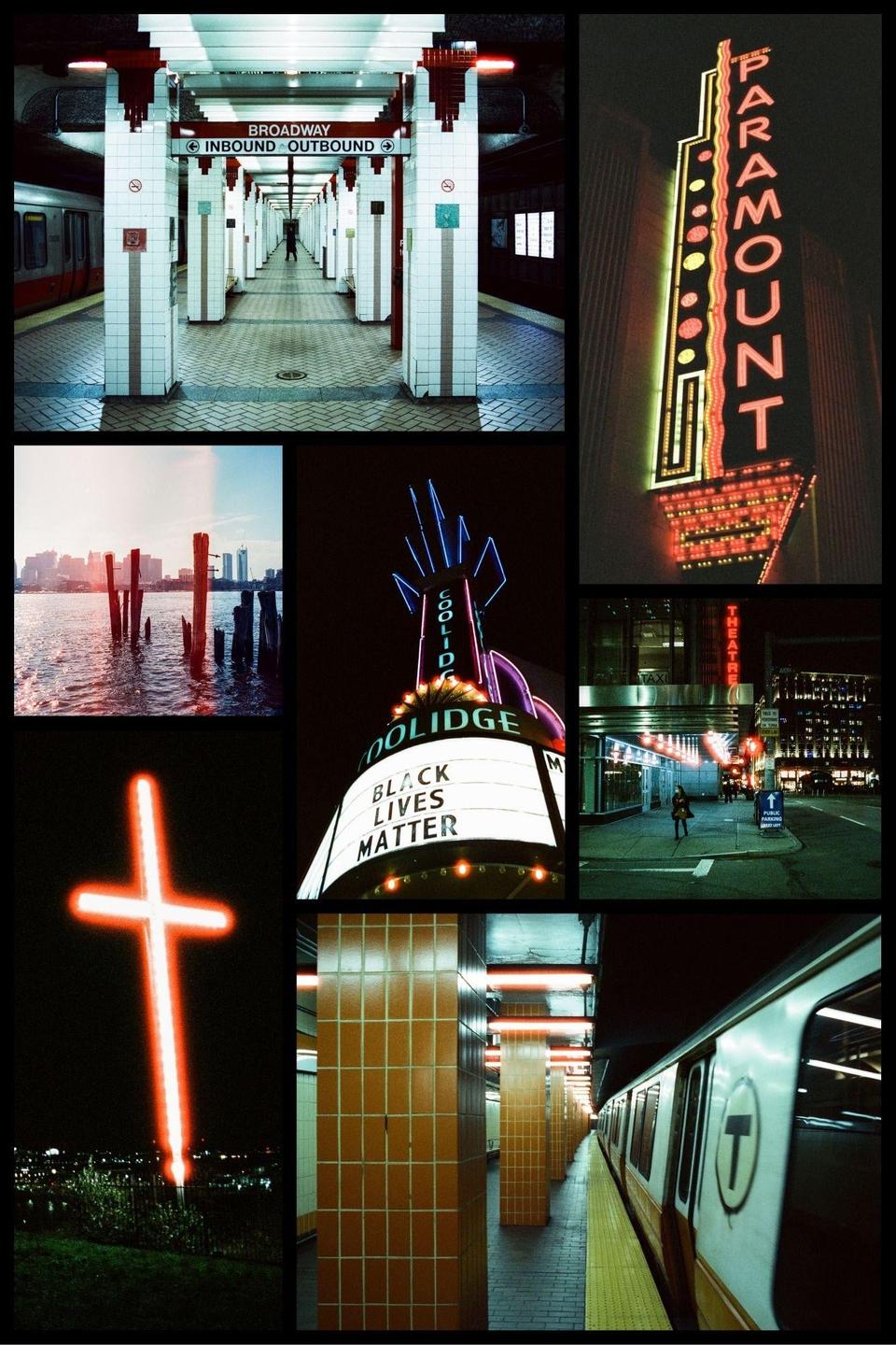A collage of nine photographs shows various scenes including subway stations, cityscapes, and neon signs at night.