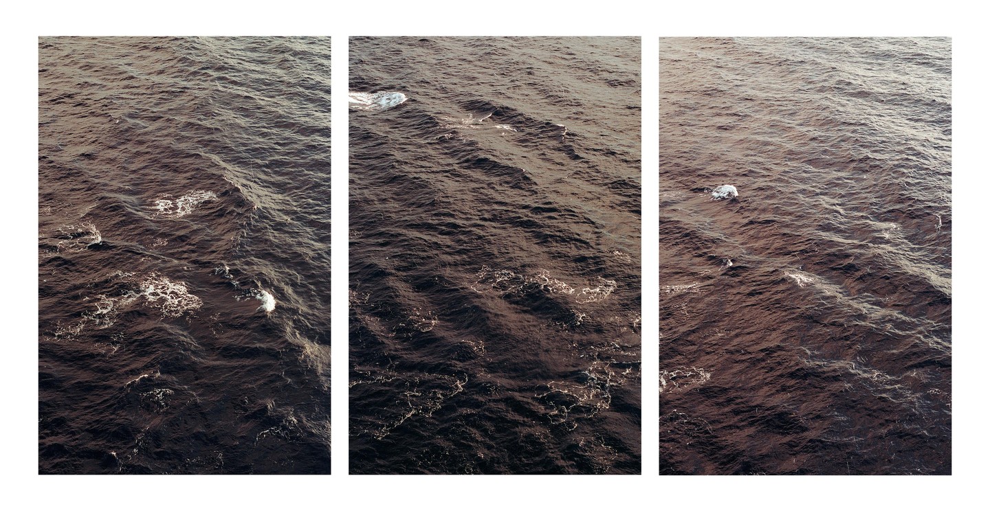 Three vertical panels show a dark body of water with small waves and white foam.