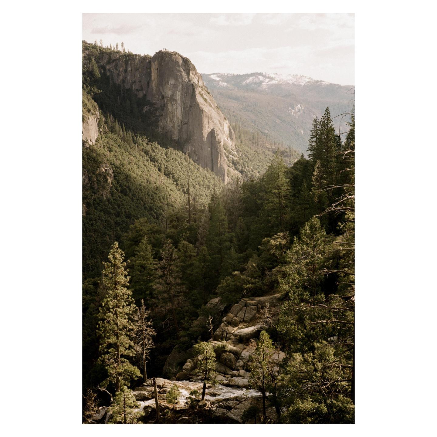 A river flows through a forest valley with a large rock face on the left and snow-capped mountains in the distance.