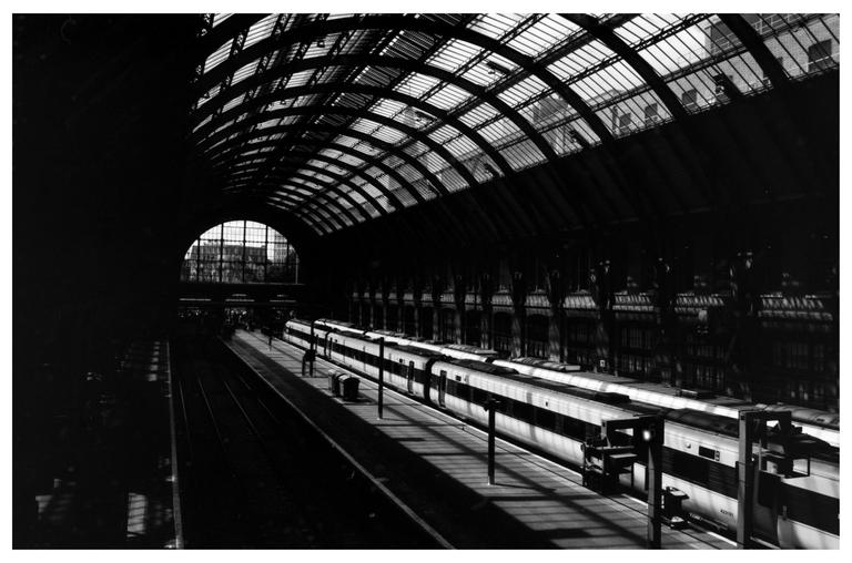 A train is parked at a station platform under a large arched glass roof.