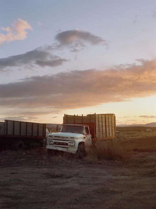An old white GMC truck with a wooden bed is parked in a field at sunset.