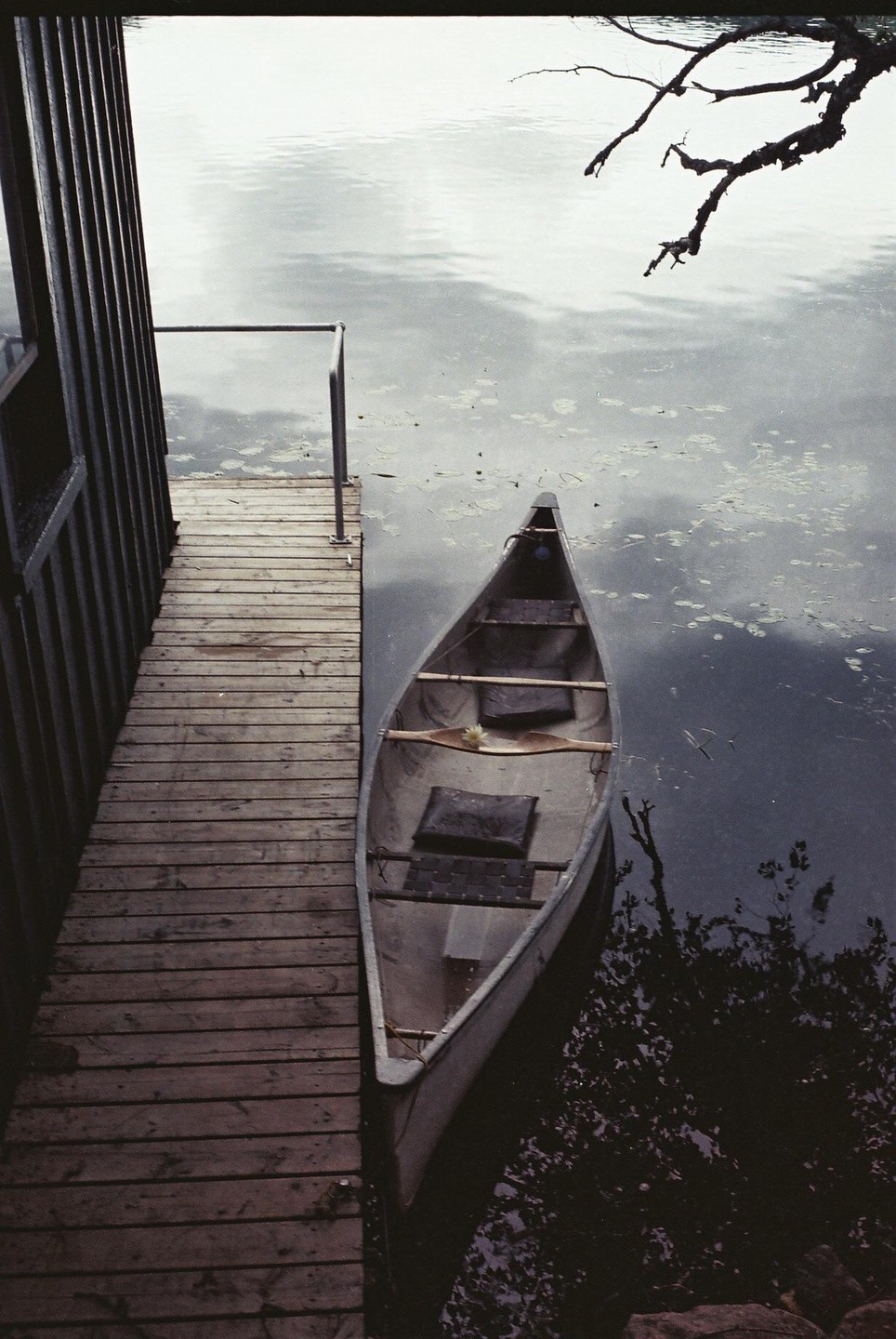 A canoe is tied to a wooden dock next to a building on a body of water.