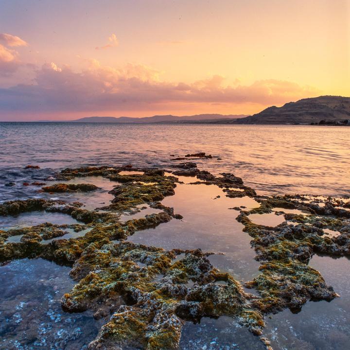 A rocky coastline with tide pools is visible at sunset, with mountains in the distance.