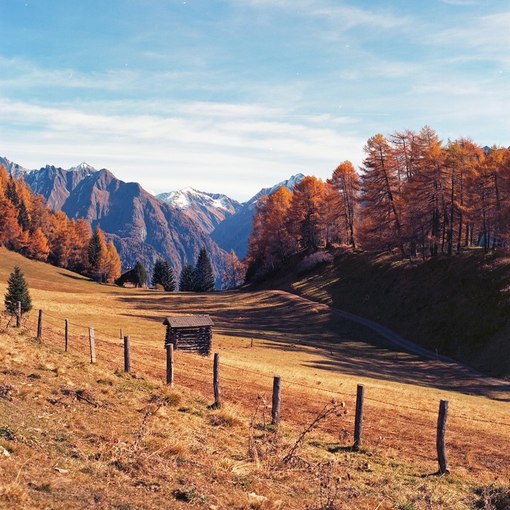 A small wooden hut stands in a golden field with a fence in the foreground, surrounded by mountains and autumn trees under a blue sky.