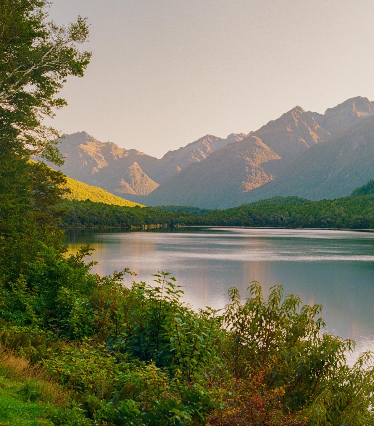 A lake is surrounded by mountains and lush green foliage under a clear sky.