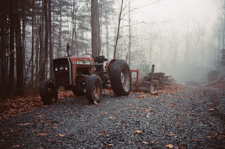 A red tractor is parked on a gravel road next to a stack of wood in a hazy forest.