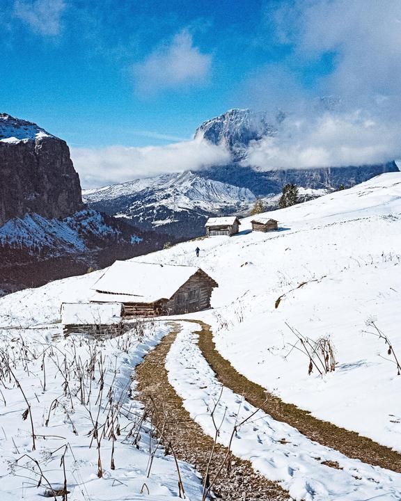 A person walks on a snowy path leading to a wooden cabin in the Italian Alps.