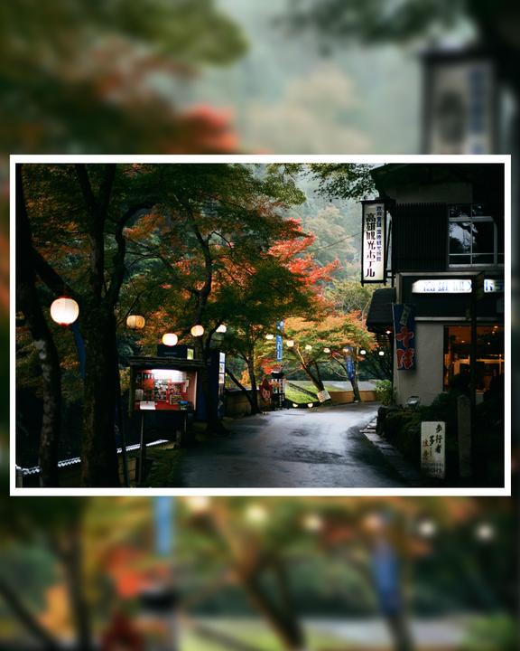 A street with lanterns and autumn foliage leads to a building with a neon sign.