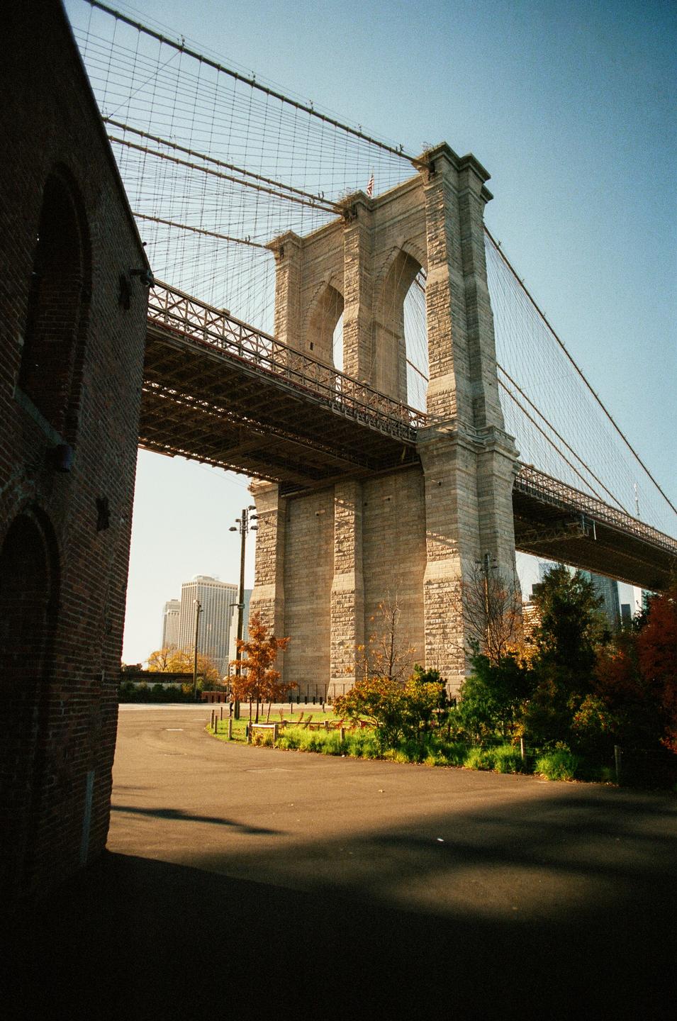 The Brooklyn Bridge is visible from a street with a brick building on the left and trees on the right.