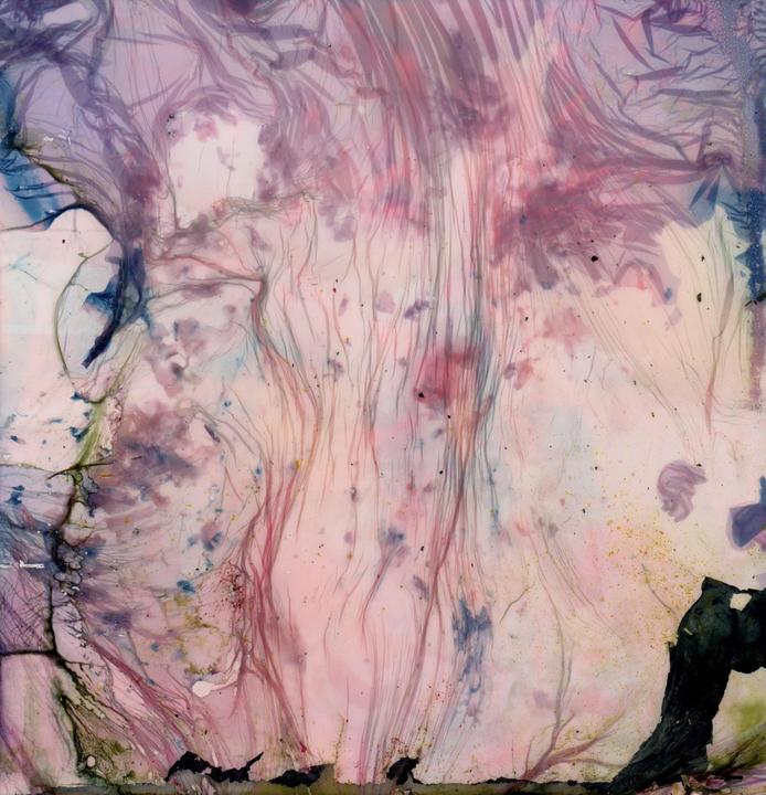 A close-up shows a pink and purple abstract pattern with thin lines and splotches.