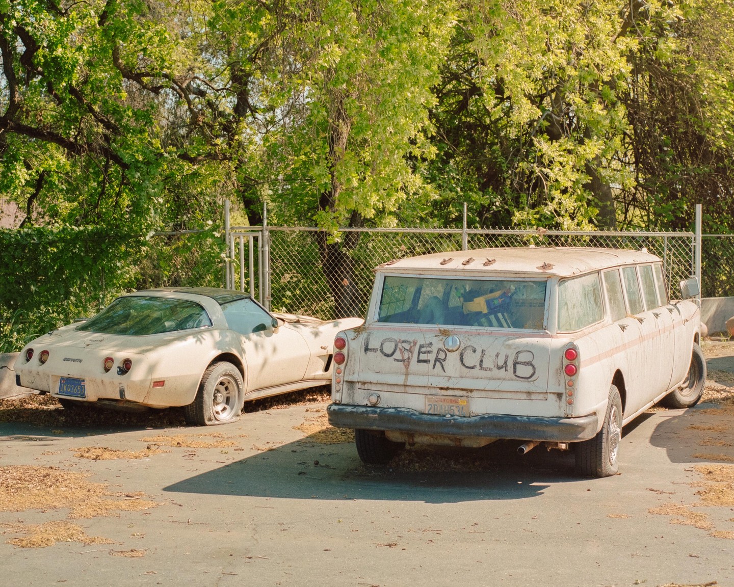 Two old cars, one with a flat tire and the other with "LOSER CLUB" painted on its back, are parked in front of a chain-link fence and green trees.