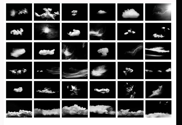 A grid of 35 black and white images shows various cloud formations against a dark sky.