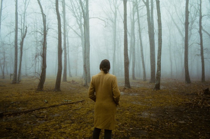 A person in a long coat stands in a foggy forest with bare trees and a ground covered in moss.
