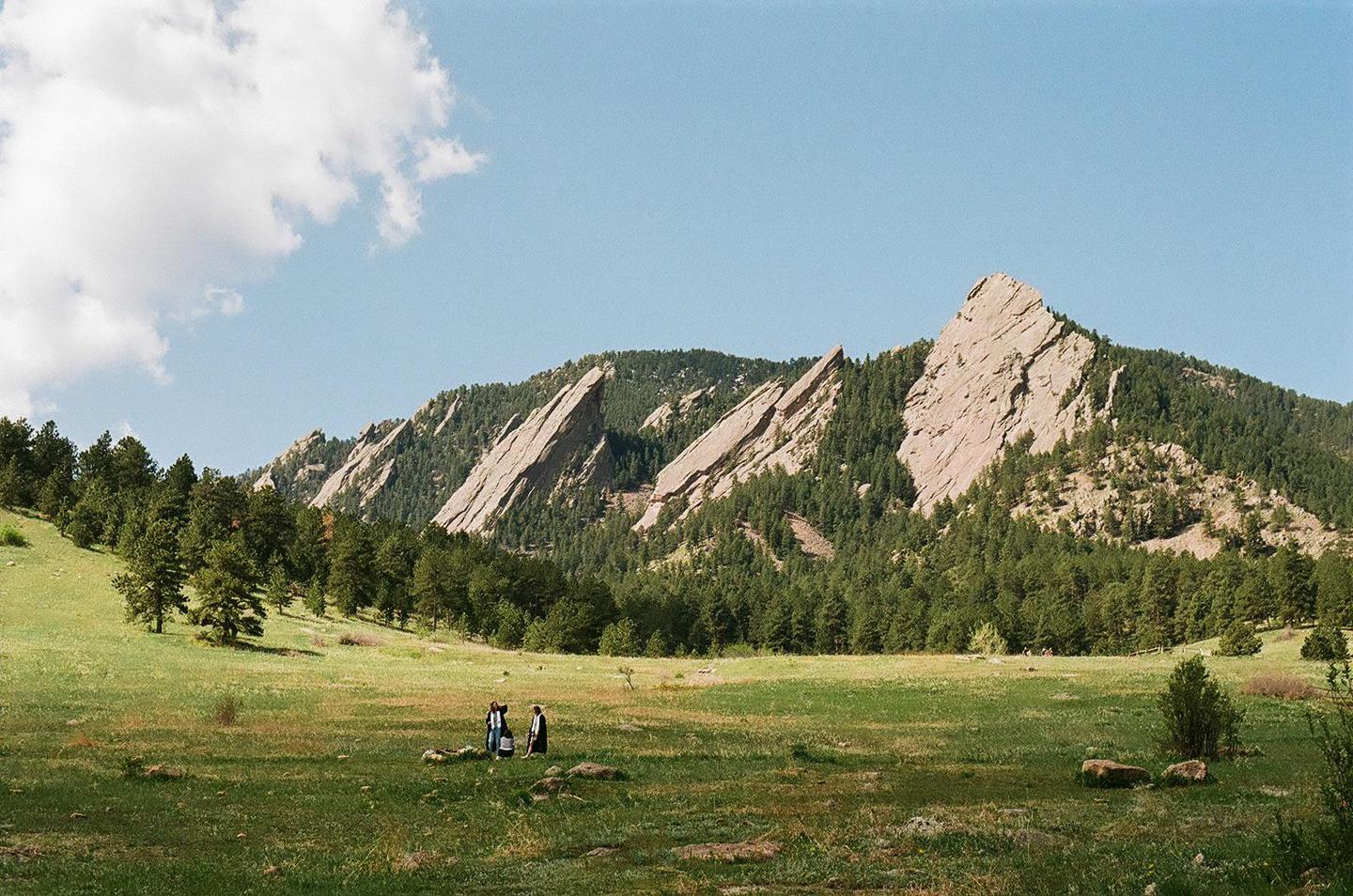 Two people stand in a grassy field with a forest and rocky mountains under a blue sky with clouds.