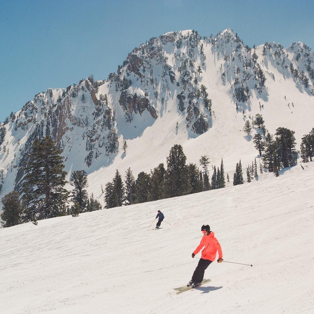 Two skiers descend a snowy mountain slope with pine trees and a large mountain in the background.