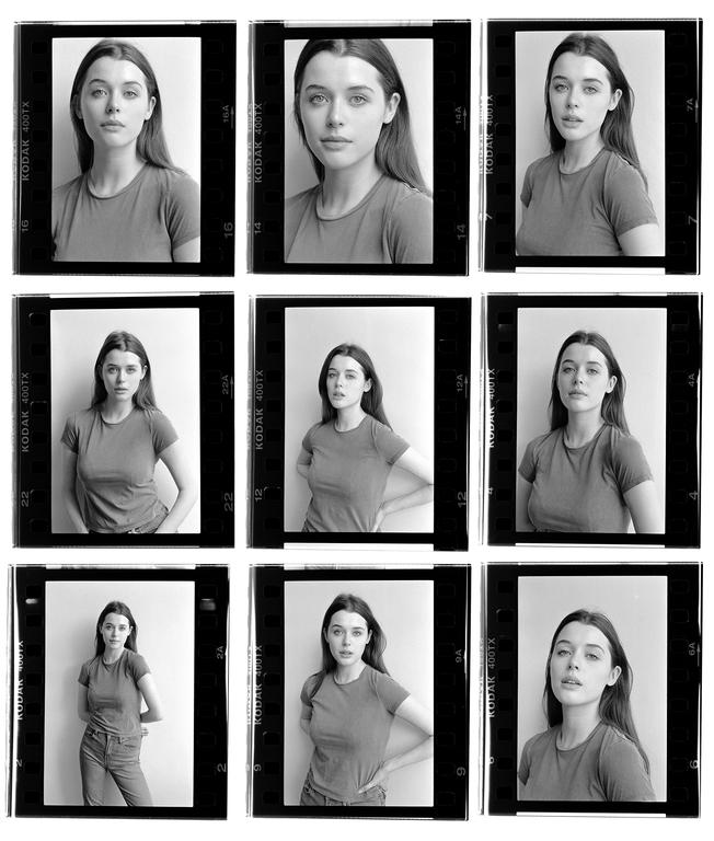 A contact sheet displays nine black and white portraits of a woman with long hair.