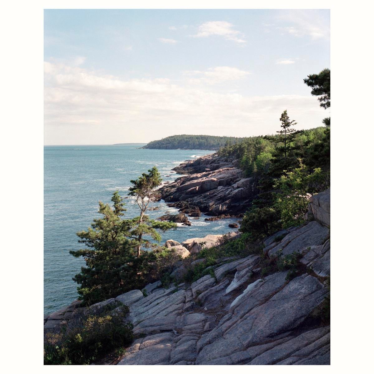 A rocky coastline with pine trees overlooks the ocean under a partly cloudy sky.