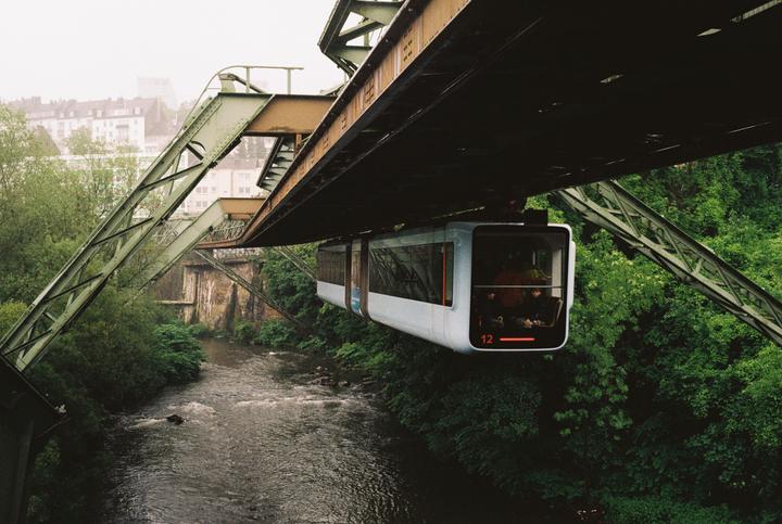 A monorail train travels above a river surrounded by lush green trees and urban buildings in the distance.