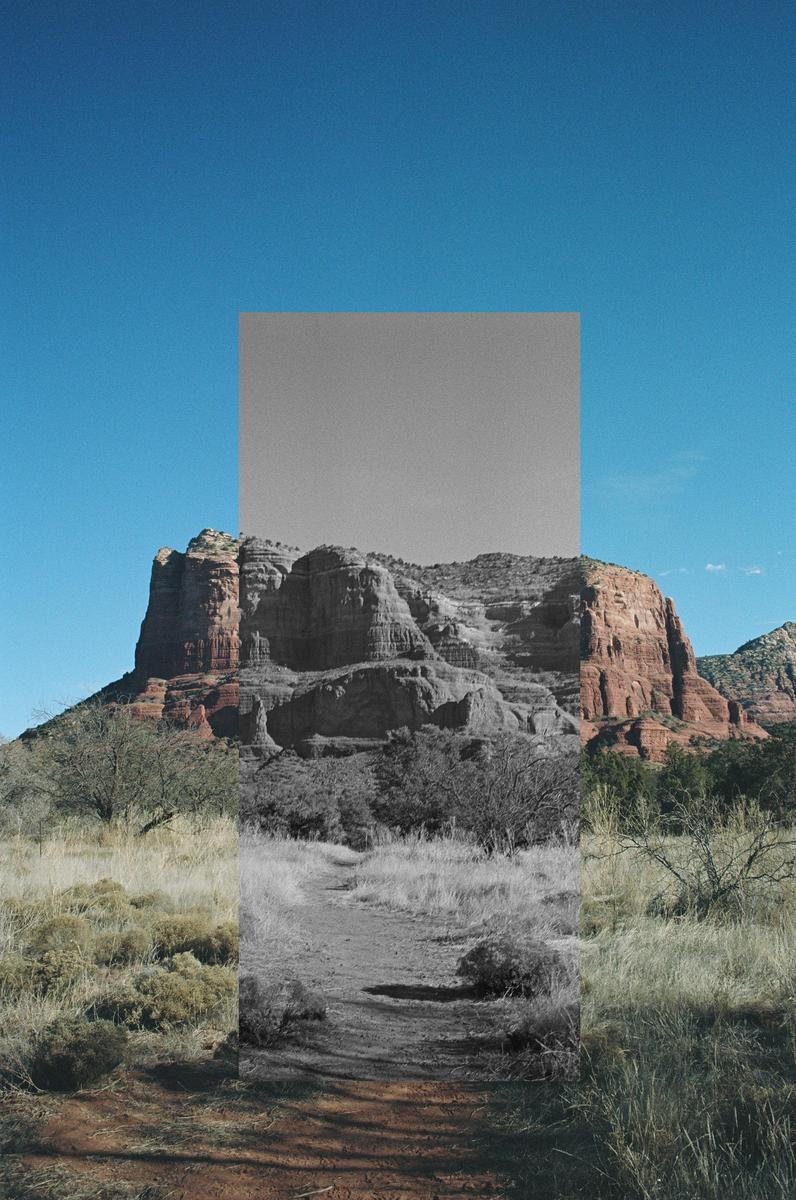 A collage shows a desert landscape with a red rock mountain under a blue sky, with parts of the image in color and parts in black and white.