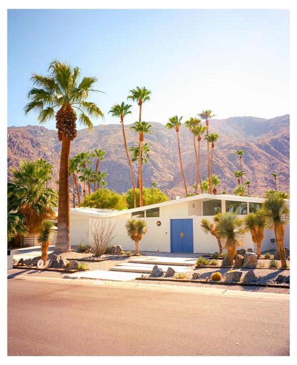 A white house with a blue door is surrounded by palm trees and desert landscaping with mountains in the background.