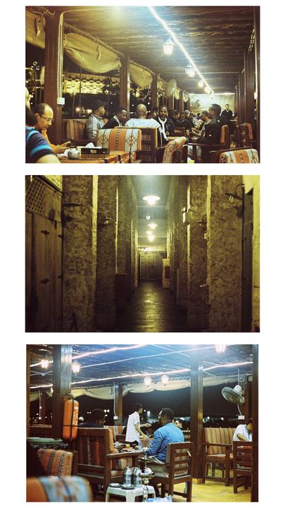 Three images show people sitting at tables in a restaurant at night, and a long, narrow hallway with stone walls and lights on the ceiling.