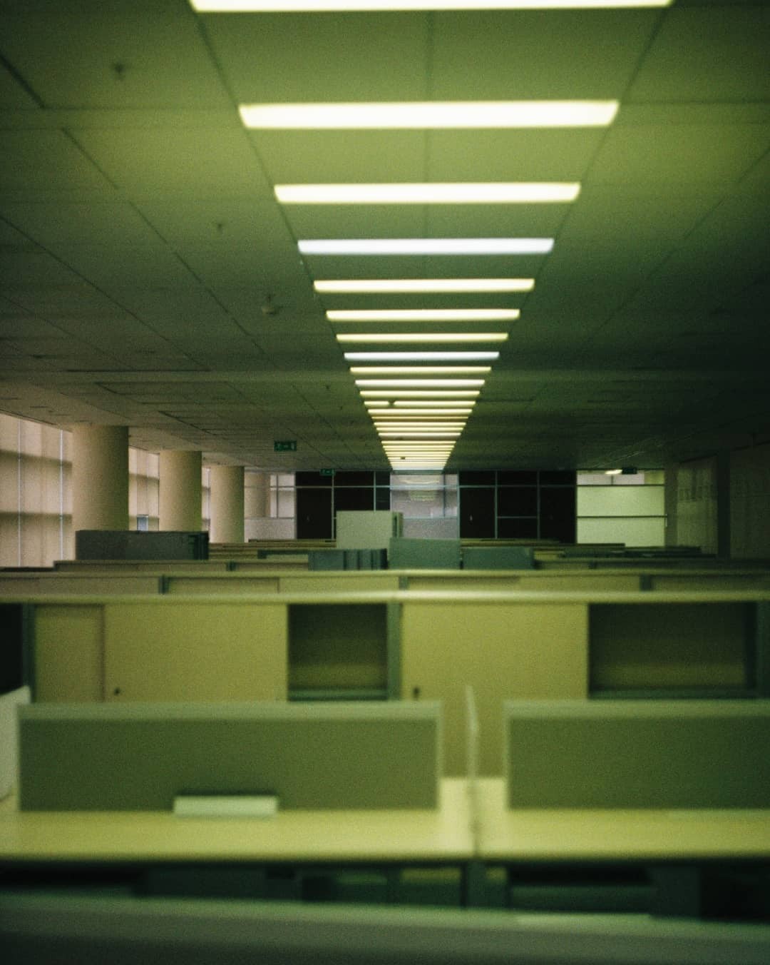A long row of fluorescent lights illuminates an empty office space with cubicles.