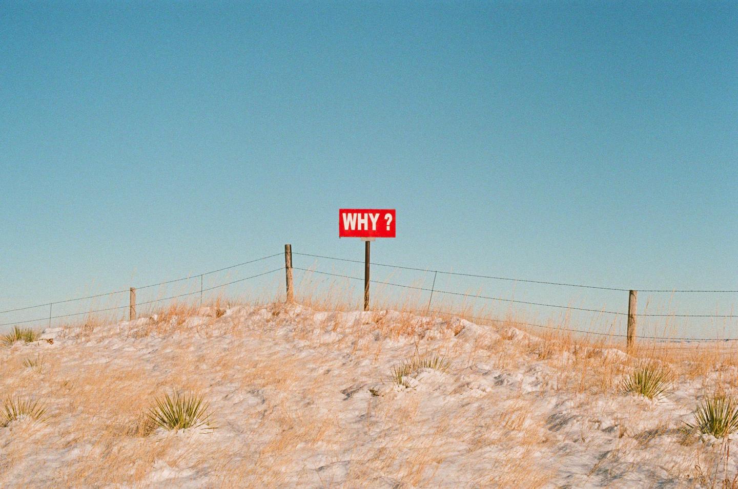A red sign with the word "WHY?" stands in a snowy field with dry grass and a barbed wire fence under a clear blue sky.