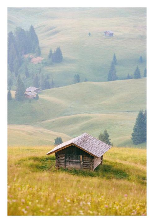 A small wooden cabin sits in a grassy field with rolling hills and pine trees in the background.