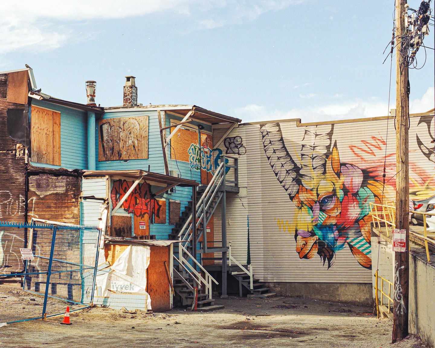 A colorful mural of a ram's head is painted on the side of a building next to a dilapidated blue house with boarded-up windows.