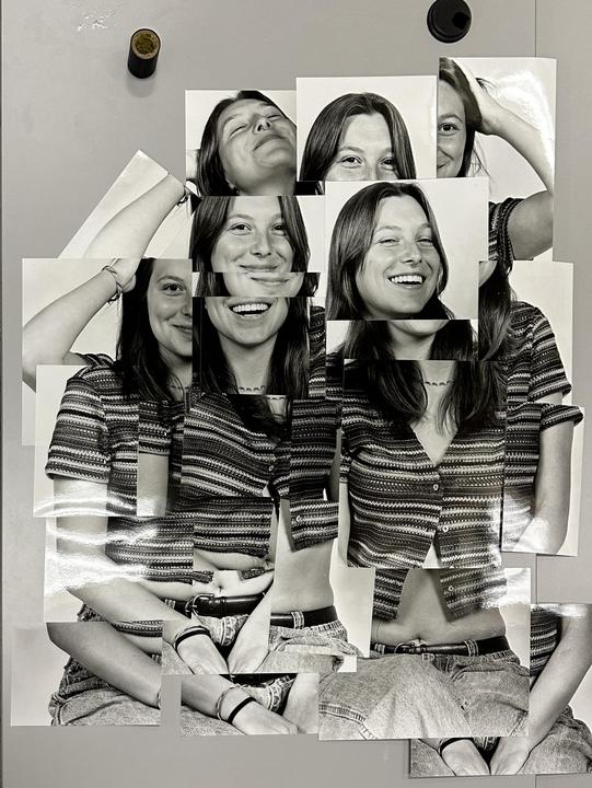 A collage of black and white photographs shows a woman in a striped top and jeans, with multiple images of her face and body arranged together.