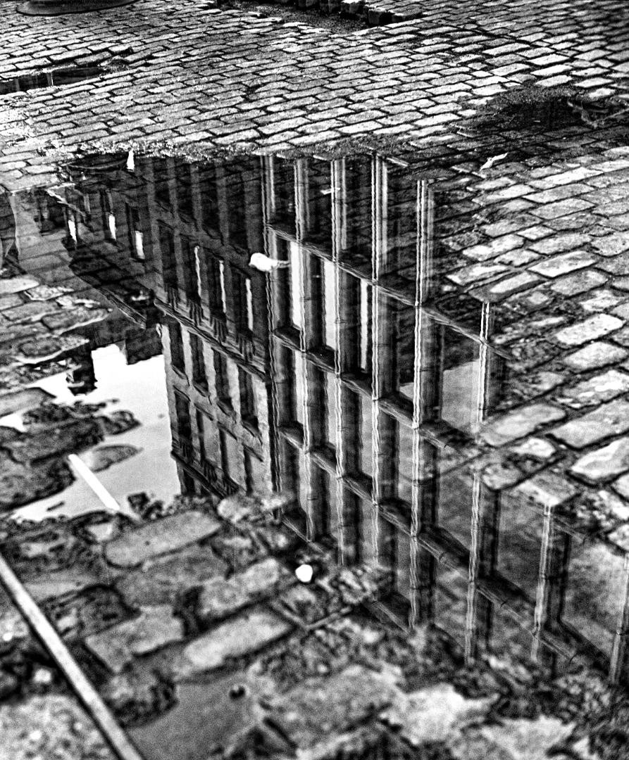 A building is reflected in a puddle on a cobblestone street.