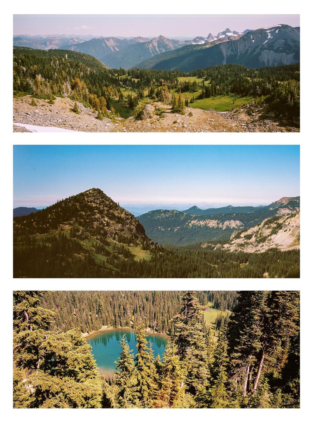 Three landscape photographs show mountains, forests, and a lake.