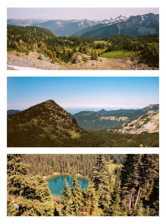 Three landscape photographs show mountains, forests, and a lake.