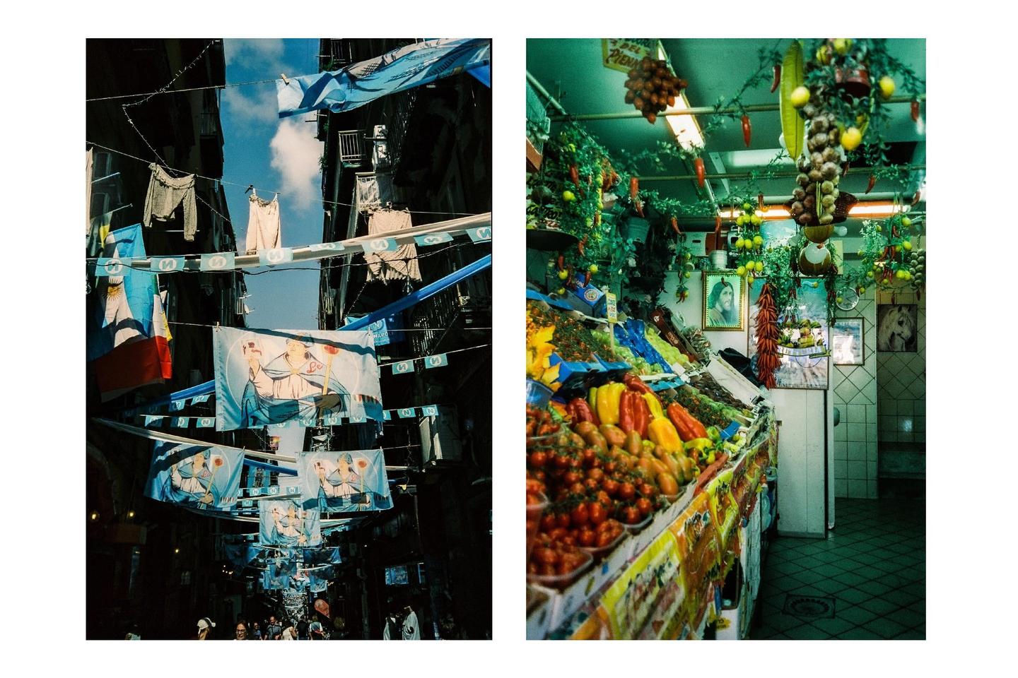 Two images are presented side-by-side, one showing a street decorated with flags and laundry hanging overhead, and the other showing a vibrant produce stall.