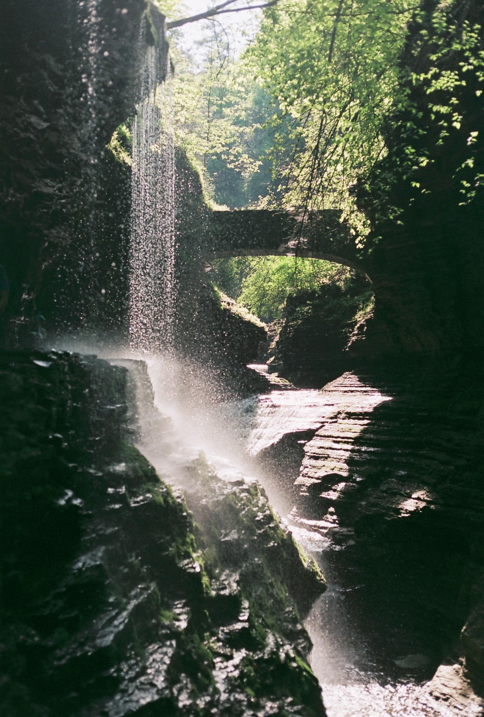 A waterfall cascades down a rocky cliff into a gorge, with a stone bridge visible in the background.