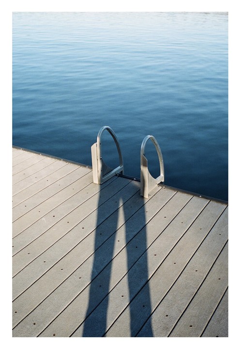 A dock ladder casts a long shadow on a wooden pier next to calm water.
